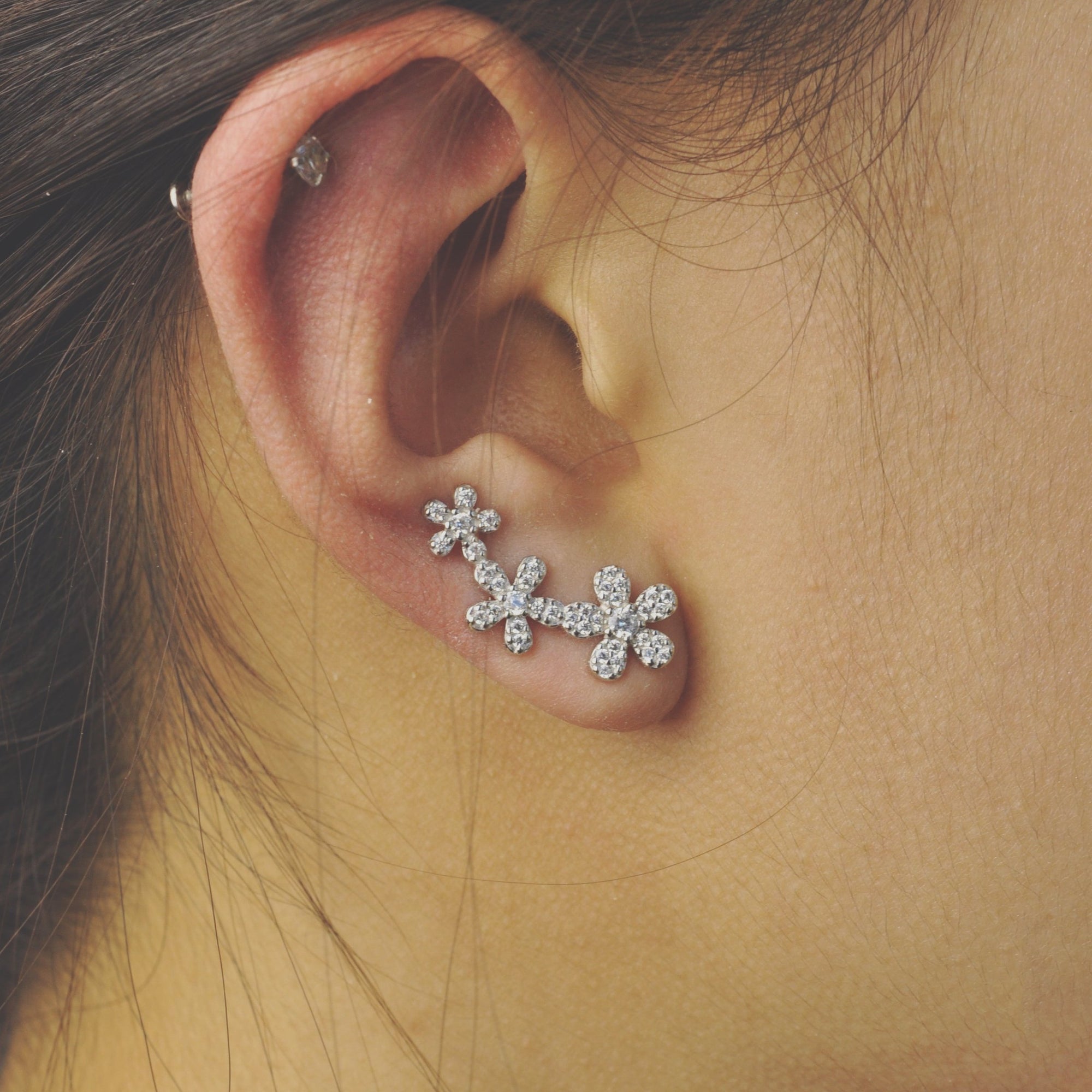 White CZ stones Floral Ear Climbers