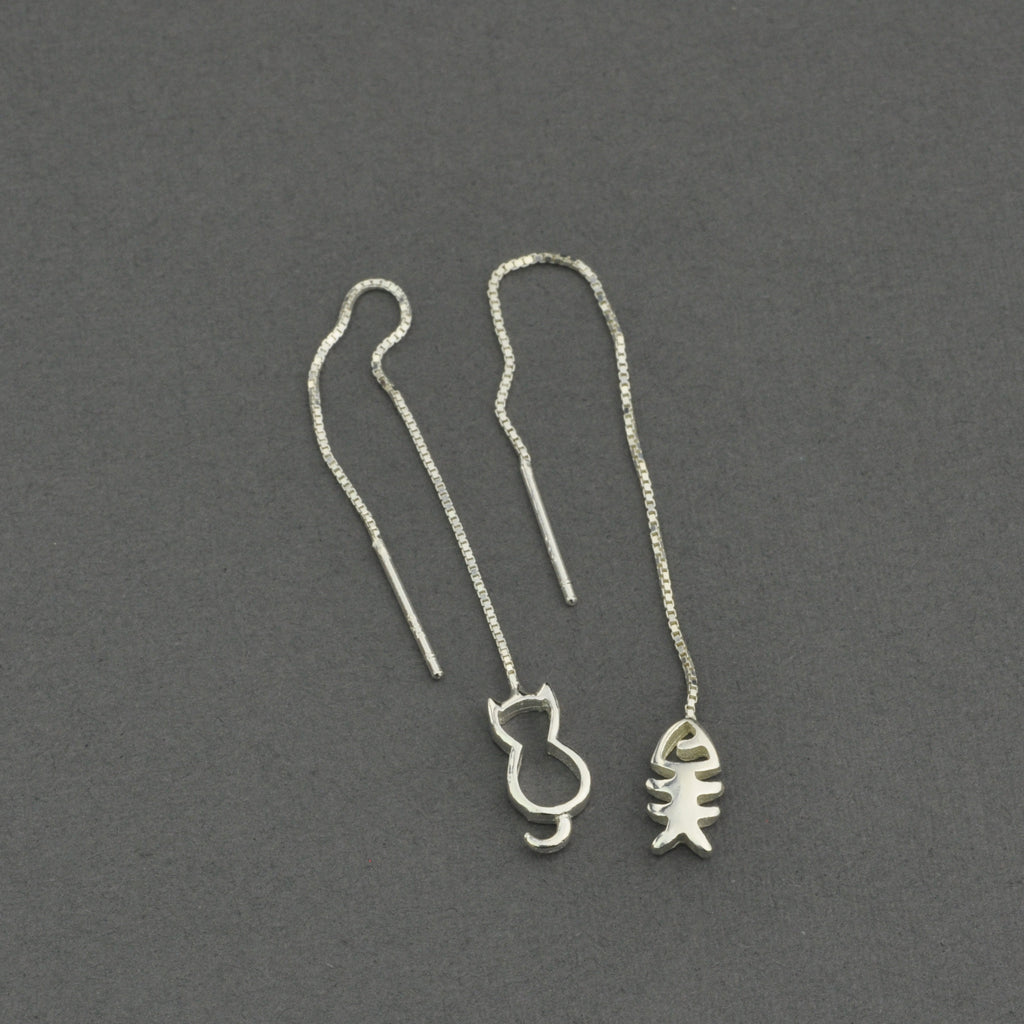 Cat and fish bone threaders chain earring