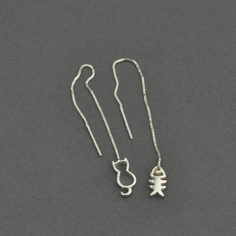 Cat and fish bone threaders chain earring