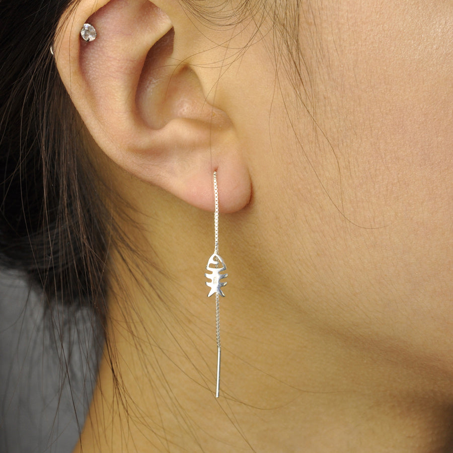Cat and fish bone threaders chain earring