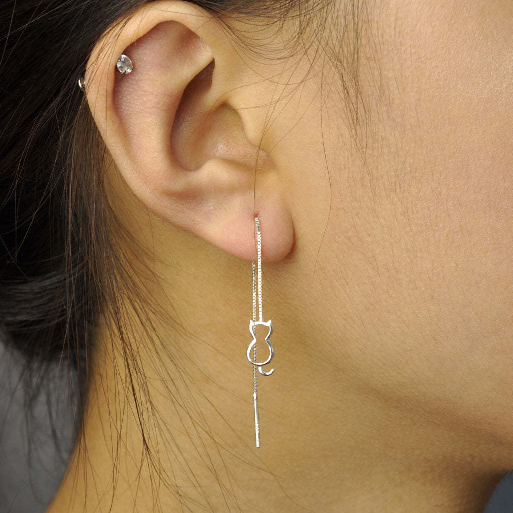 Cat and fish bone threaders chain earring