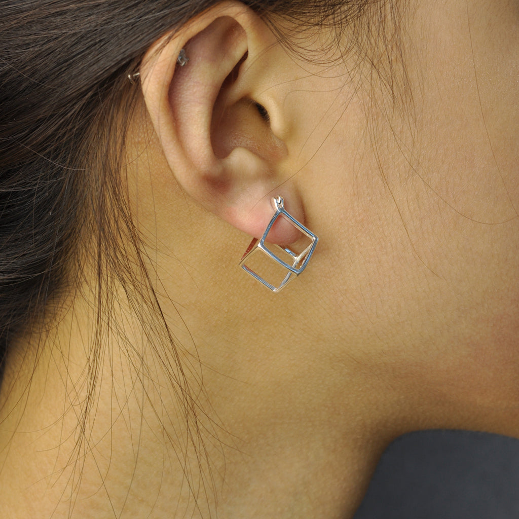Modern 3D cube stud earring
