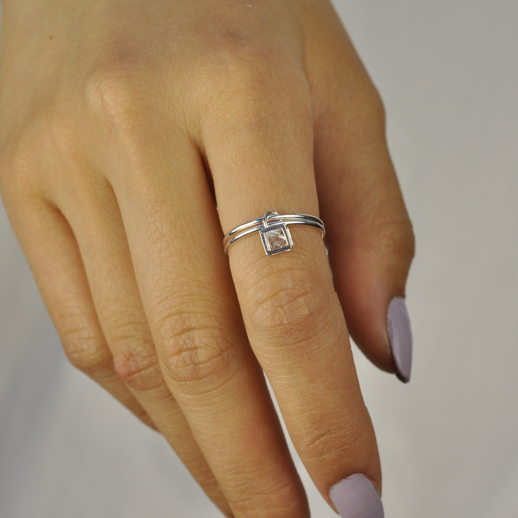 CZ cube double stacked Dangle ring