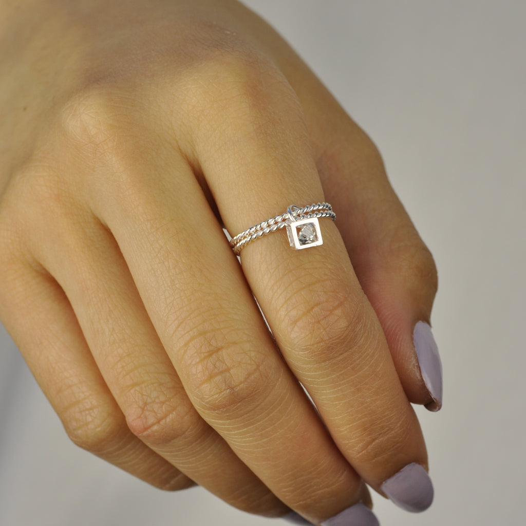 CZ cube double stacked twisted Dangle ring